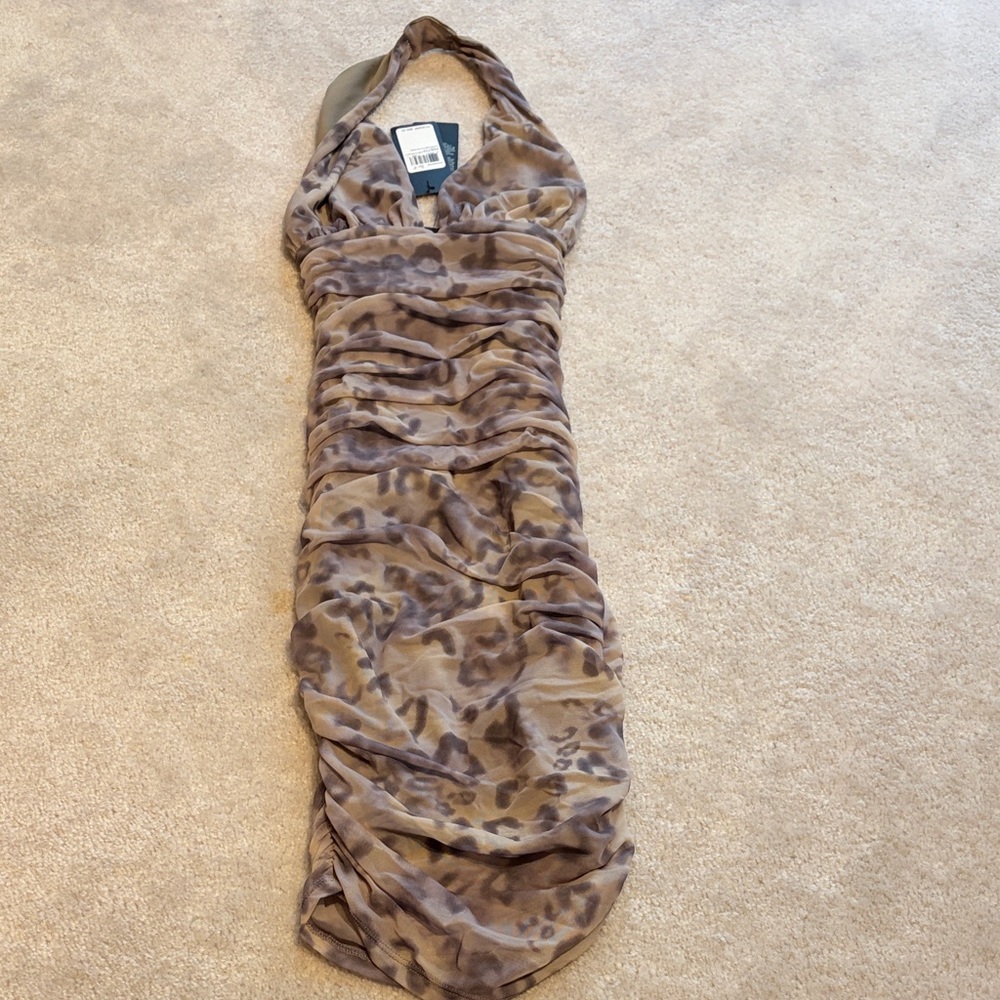 Guess Taupe and Brown Animal Print Ruched Halter Dress